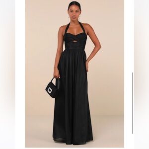 Lulus Marvelous Impression Black Pleated Halter Cutout Maxi Dress - Size M
